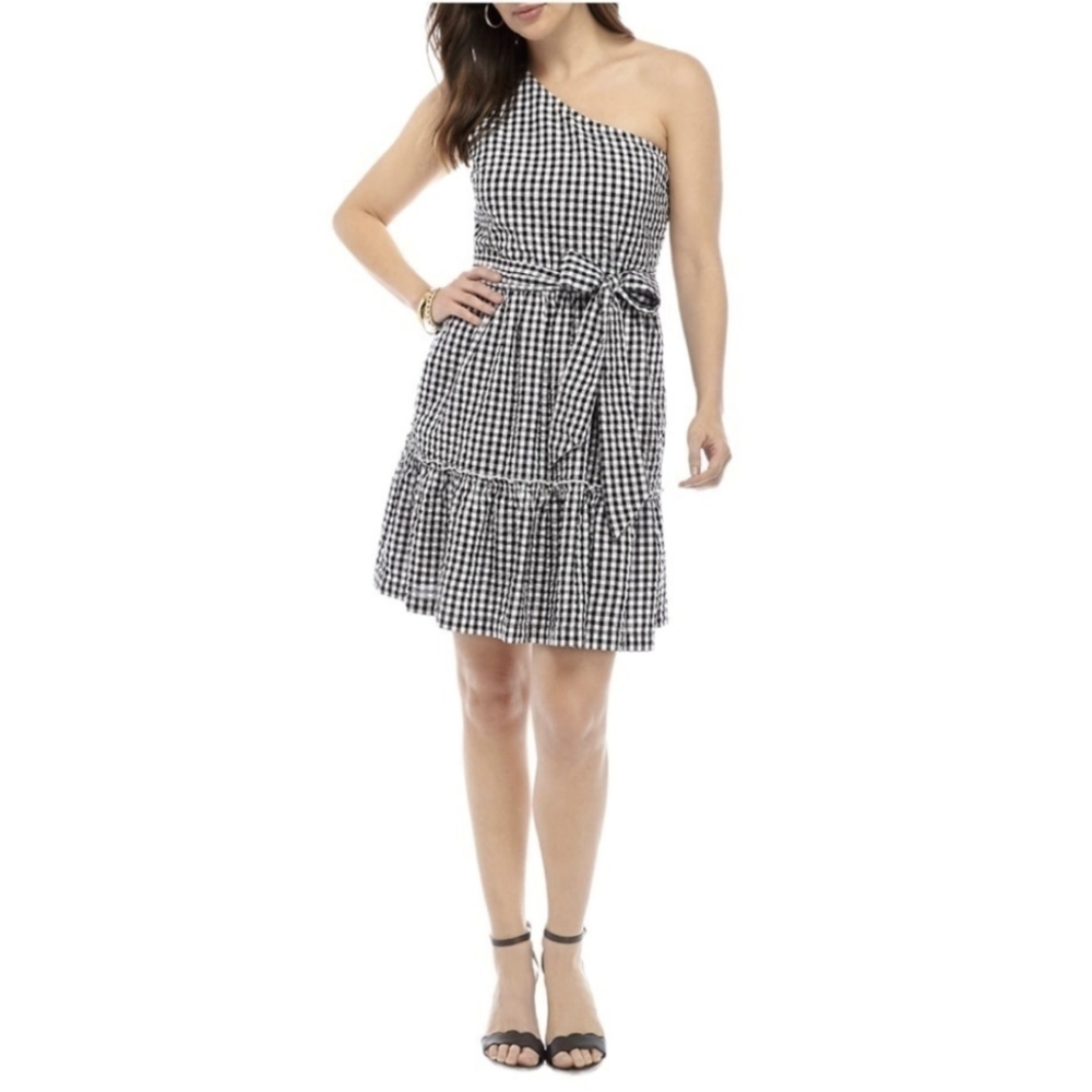 NWT! Crown & Ivy Black Citrus Squeeze One Shoulder Gingham Print Dress